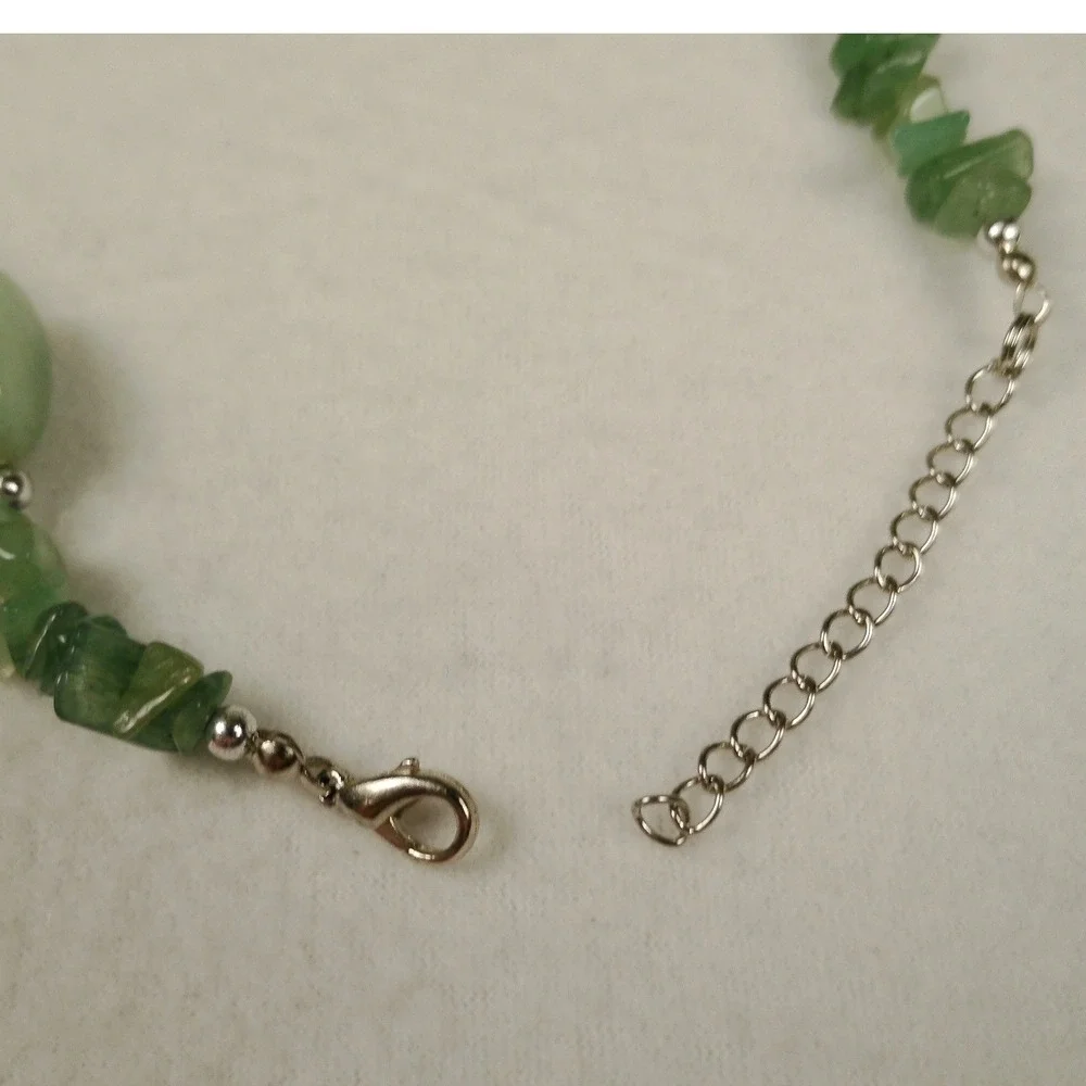Green Aventurine Quartz Chip Bead Necklace Silver Tone Boho 20